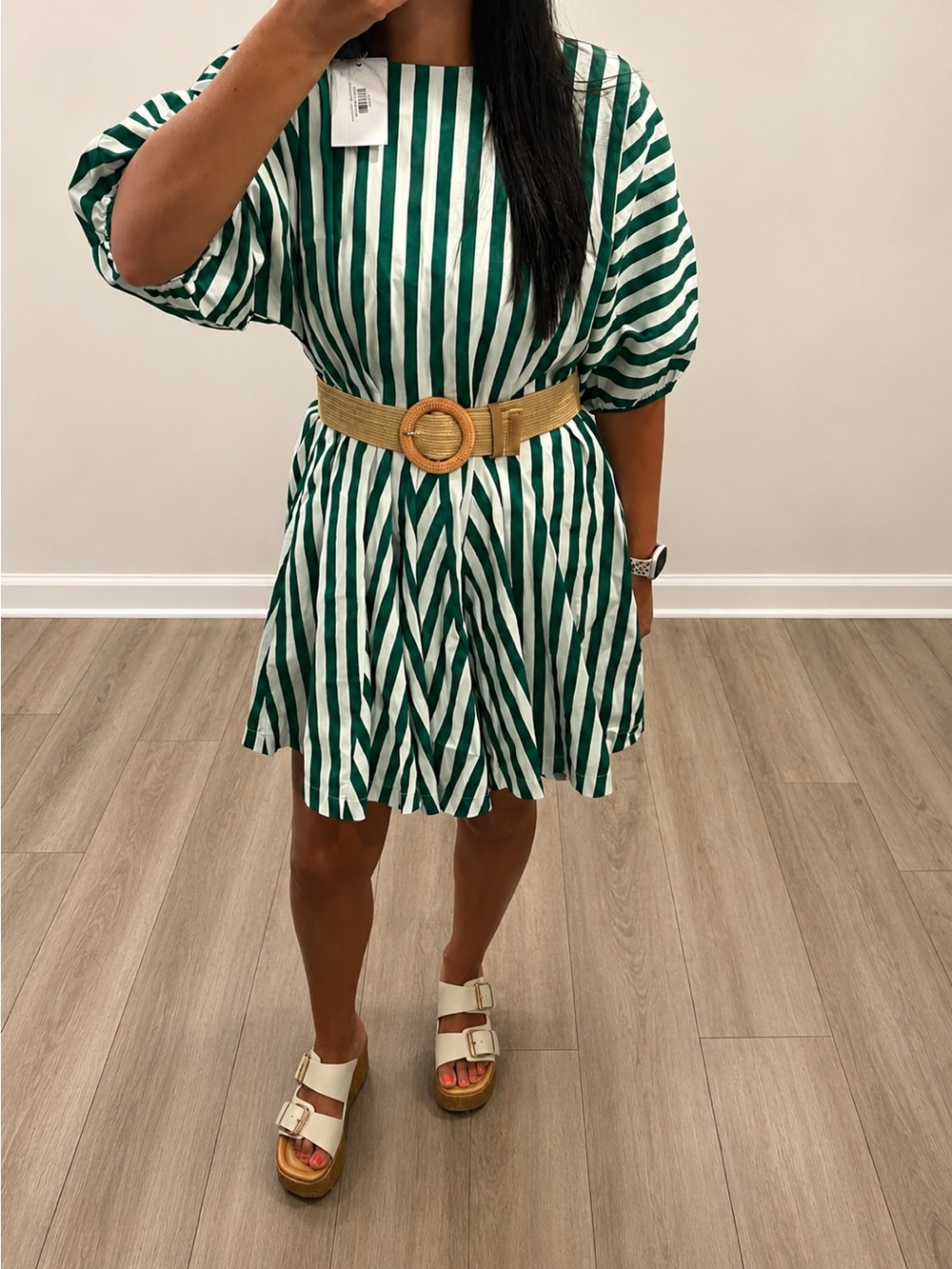 NWT PROSPERINA Striped Green and White Short Dress with Belt